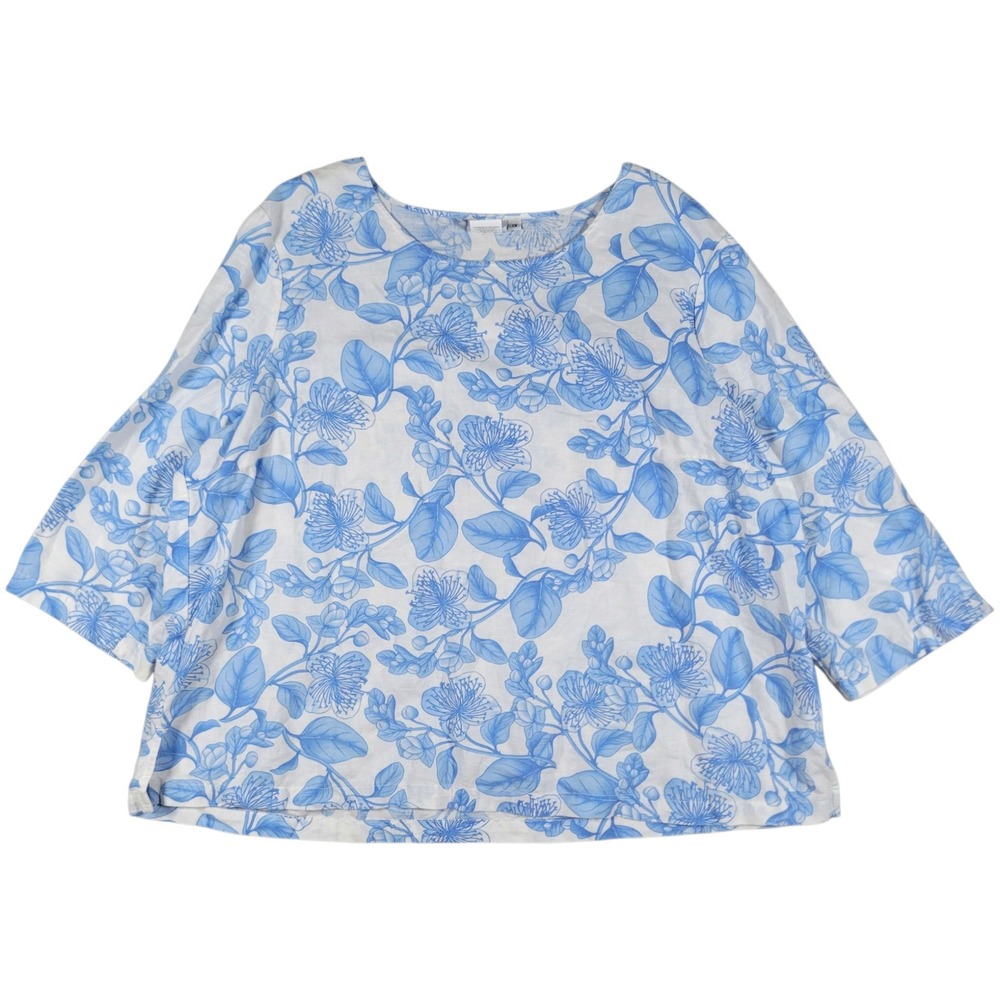 Hot Cotton Blouse Womens 1X Blue White Floral Linen Blend Coastal Grandma Summer
